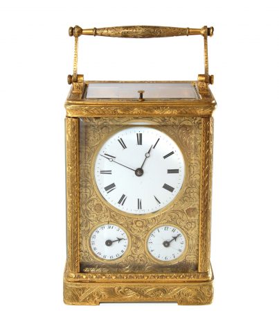 Engraved carriage clock date alarm